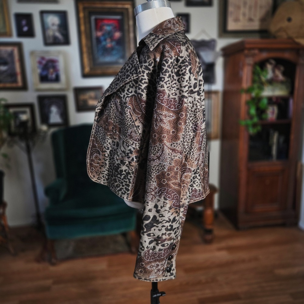 Picadilly Fashions Leopard Metallic Moto Jacket Brown Gold Womens Cropped Blazer - Picture 5 of 7
